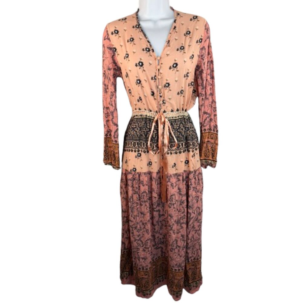 Pink Floral Boho Midi Dress Long Sleeve Tie Waist Women's Large